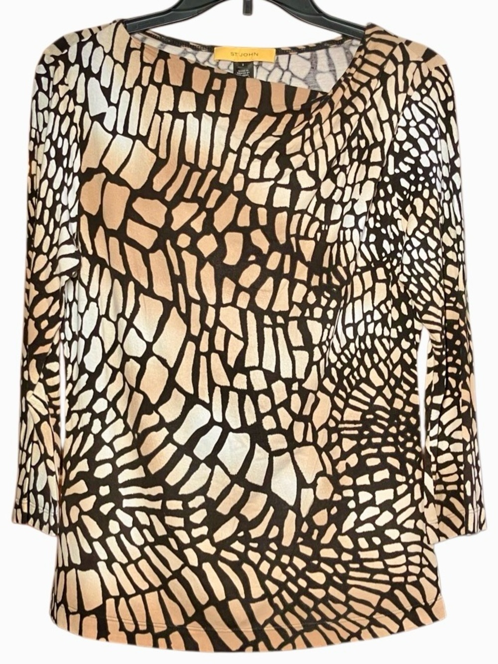 St John Animal Print 3/4 Sleeve KnitTop in Tan/Black Womens S